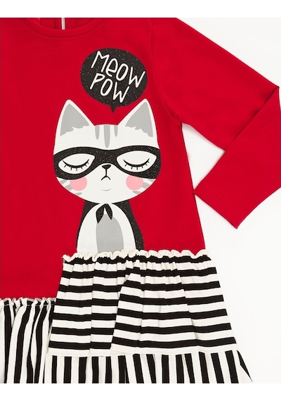 Denokids Mushi Meow Pow Kız Elbise Kırmızı