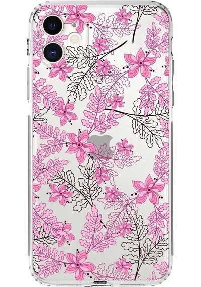 Apple Uyumlu iPhone 11kamera Korumalı Kapak Floral Pembe Tasarımlı Şeffaf Kılıf