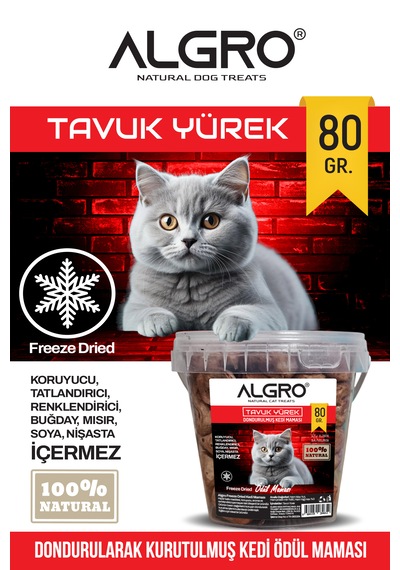 Freeze Dried Kedi Ödül Maması - Tavuk Yürek Kova Ambalaj 80 Gr