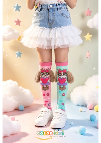 Color Socks 1 Çift Turkuaz & Pembe Peluş Kulaklı Sevimli Köpek Desenli Çorap Topuksuz Pembe - Turkuaz