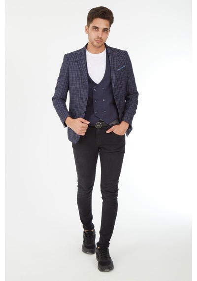 Sposo 5140 Yelekli Dar Kalıp Lacivert Ekose Erkek Blazer Ceket Lacivert