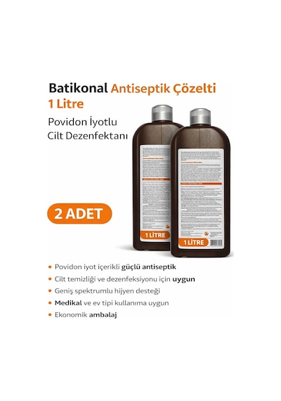 Povidon İyotlu Baticonal Antiseptik Çözelti 1 Litre X 2 Adet Cilt Dezenfektanı Solüsyon
