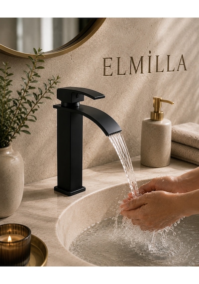 Lüx Premium Mat Siyah Şelale Lavabo Bataryası Çift Su Girişli Modern Tasarım Batarya