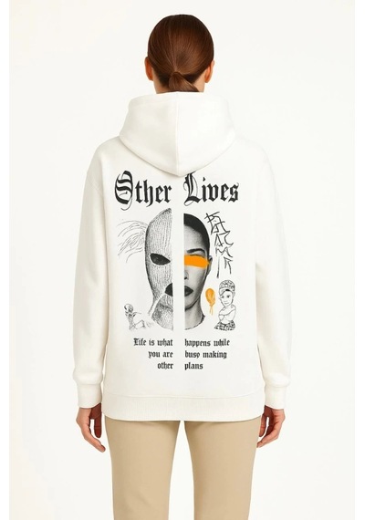 Valensdesign Kapşonlu Sweatshirt Oversize Üç İplik Şardonlu Hoodie, Other Lives Ön - Arka Baskılı, Kanguru Ce Beyaz