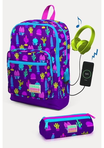 Coral High Kids Mor Pembe Kaktüs Desenli Usb'li 2'li Okul Çanta Seti - Kız Çocuk