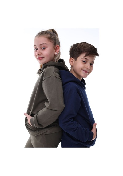 Zuzunga Basic Kapüşonlu Şardonlu Kanguru Cep Detaylı Çocuk Sweatshirt 3-10 Yaş Haki