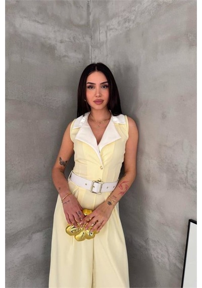 Neşeli Butik Kadın Sarı Çift Renkli Kemerli Şerit Detaylı Tam Boy Kolsuz Tulum Nbk087