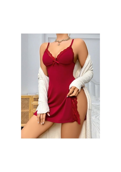 Lily Bianca Nightwear Göğüs Ve Yırtmaçları Dantel Detaylı Penye Gecelik Kırmızı