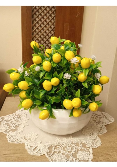 Limon Aranjman Limon Çiçekli Yapay Çiçek Aranjmanı Mutfak Masaüstü Dekoratif Beyaz Lüks Saksıda
