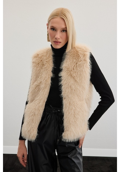 Sateen Kolsuz Uzun Yelek - Ekru-136500 Ekru