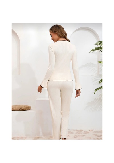 Elmoda Elegant Soft Rib Pijama Takımı Siyah Biyeli Bej Bej