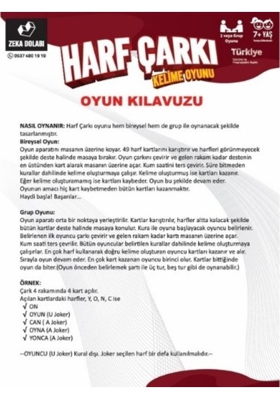 Harf Çarkı Harf - Kelime - Kelime Üretme - Aile Oyunu