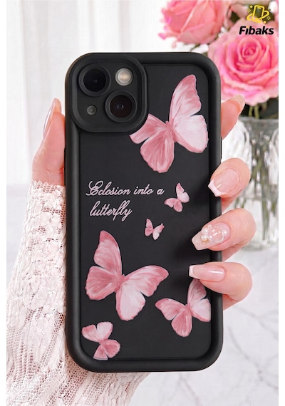 Fibaks iPhone 13/14 Uyumlu Kılıf Yumuşak Dokulu Kelebek Desenli Yumuşak Kamera Korumalı Silikon Kapak