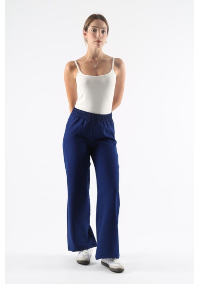 Dokuma Saks Geniş Paça Beli Lastikli Basic Uzun Kadın Pantolon Sh191 S