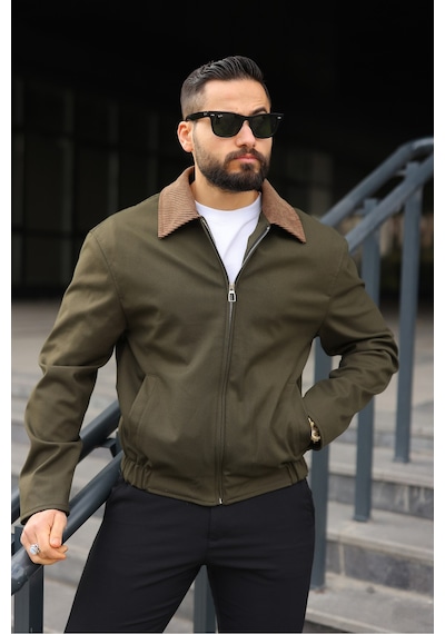 Kadife Yakalı Trucker Model Ceket Haki