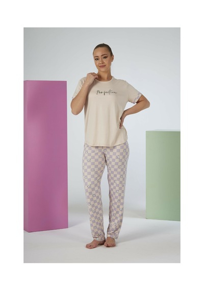 Estiva Kadın Kareli Alt Desenli Kısa Kollu Soft Pijama Takımı Bej