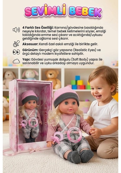 Sevimli Bebeğim 4 Farklı Sesli İnteraktif Ağlıyan 34cm Emzikli Kıyafetli Oyuncak Bebek 1