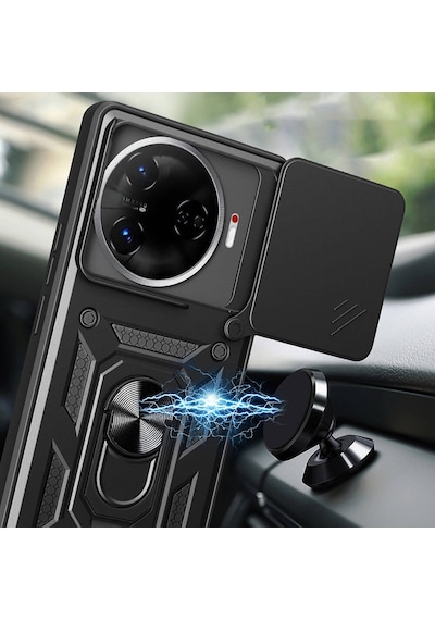 Tecno Camon 30 Pro 5g Kılıf Sürgülü Kamera Koruyucu Manyetik Standlı Tank Koruma Celikaksesuar Siyah