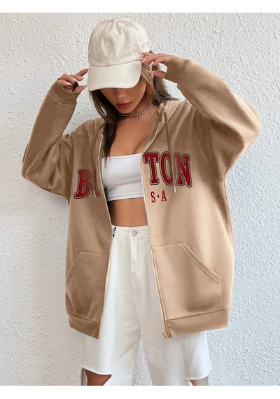 Altamira Unisex Bej Boston Baskı Kapüşonlu Hırka 001