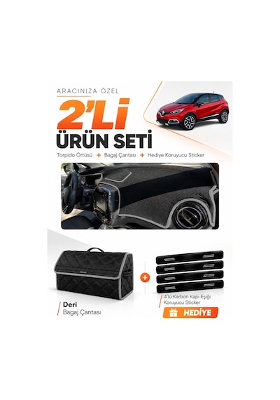 E-biz Renault Captur 1 2013-2019 Uyumlu Torpido Örtüsü + Deri Bagaj Çantası - Siyah-gri - Re035