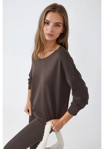 Hiccup Busem Asimetrik Yakalı Rahat Kesim Sweatshirt Kahve Kahvesi