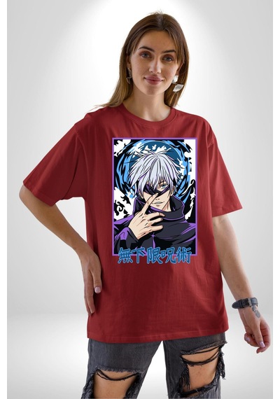 Jujutsu Vintage Washed - Megumi Gojo Anime Manga Pamuklu Bisiklet Yaka Unisex Oversize Boyfriend Dijital Baskılı Kırmızı T-shirt Kırmızı