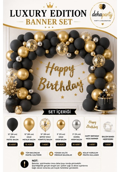 Happy Bırthday Yazısı Gold Konfetili 57 Adet Siyah Gümüş Gold Balon Parti Konsepti Doğum Günü Seti Süs Çok Renkli