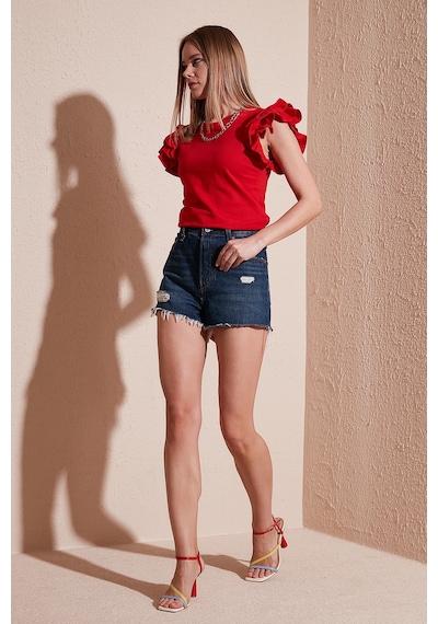 Lela Pamuklu Kolları Fırfırlı Slim Fit Bisiklet Yaka Bayan T Shirt 5864500 Kırmızı