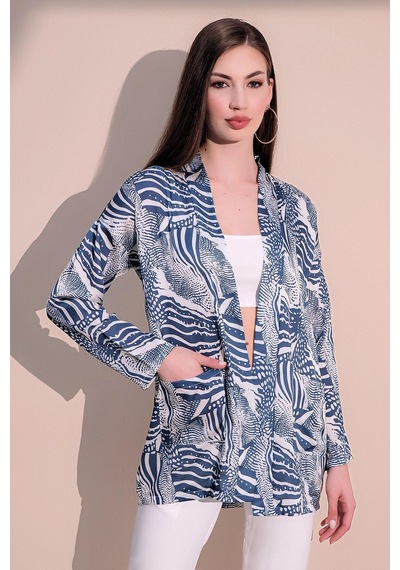 WeShaya Kadın Mavi Safari Desen Yeni Moda Saten Çift Cepli Salaş Kimono Ceket - Tesettüre Uygun Mavi