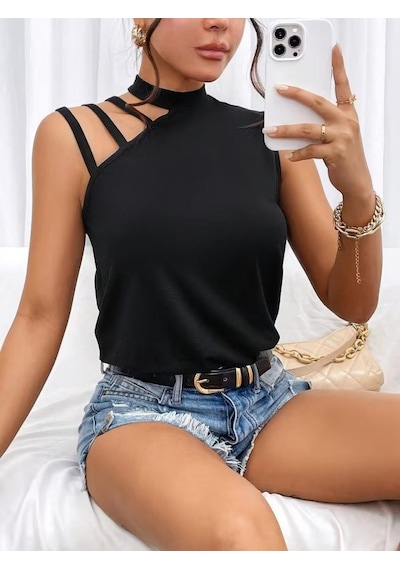 Veraura Lifestyle Kadın Omuzdan Şerit Detaylı Yarı Balıkçı Yaka Viskon Bluz siyah