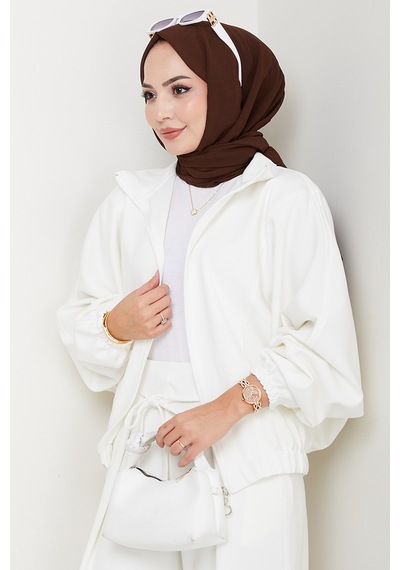 Bestenur Fermuarlı Oversize Takım 1595 - Beyaz Beyaz