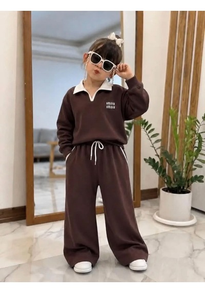 Kokoş Bebe Kız Çocuk Yaka Detaylı Eşofman Takım - 6/12 Yaş - 31914 Kahverengi