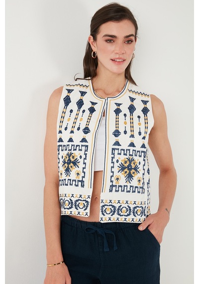 Lela Pamuklu Regular Fit Çiçekli Nakış Işlemeli Bayan Yelek 676293 Ekru