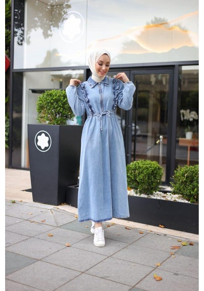 Harman Butik Kadın Fır Fırlı Belden Bağlamalı Denim Kot Elbise Kotmavi Kotmavi