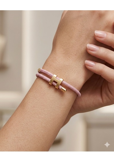 Unisex H Model Gold Renk Çelik Detay Pembe İp Bileklik