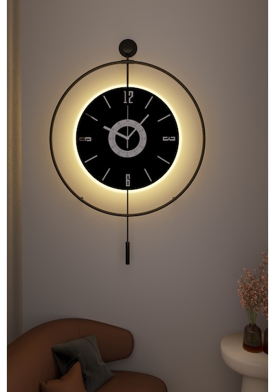 MetaQuartz Aksesuar Büyük Boy - 50 75 Cm Ledli Siyaha Siyah Kadranlı Lux Metal Duva Siyah