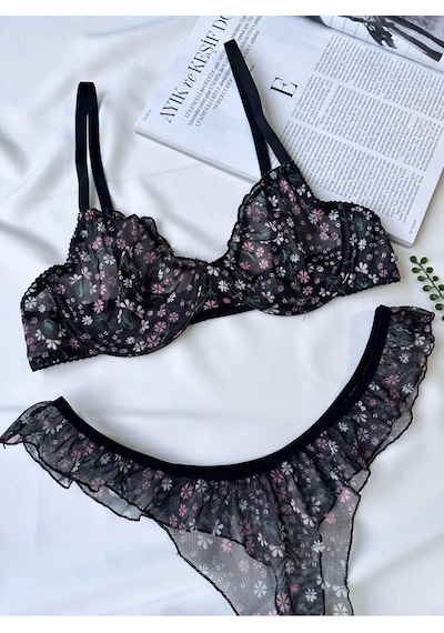 Siyah Çiçek Detaylı Balenli Bralet Sütyen Set Siyah