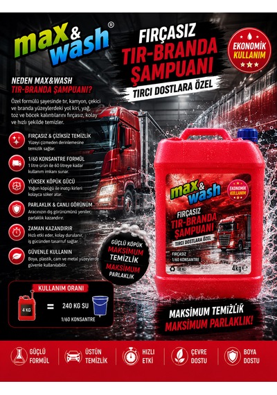 Max&wash 4 Kg Fırçasız Tır-branda Şampuanı 1/60 Konsantre Fırçasız Oto Yıkama Ve Branda Temizleyici