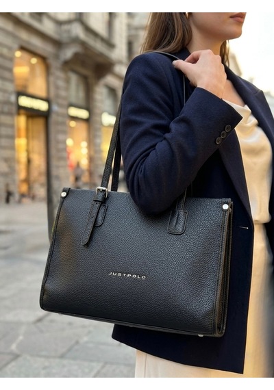 Just Polo Kadın Yeni Sezon Yumuşak Deri Büyük Boy Fermuarlı Lüks Tasarım El Çantası Shopper Siyah