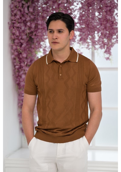 Advante Slimfit Kolları Lastikli Likralı Desenli Polo Yaka Triko T-shirt Taba