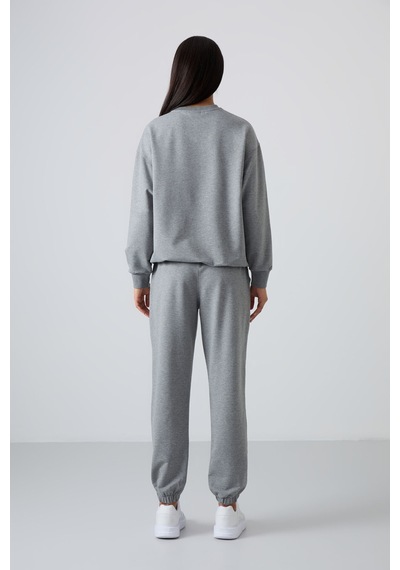 Tommy Life Gri Melanj Basic Pamuklu O Yaka Oversize Lastik Paça Kadın Eşofman Takım - 95287 GRİ MELANJ