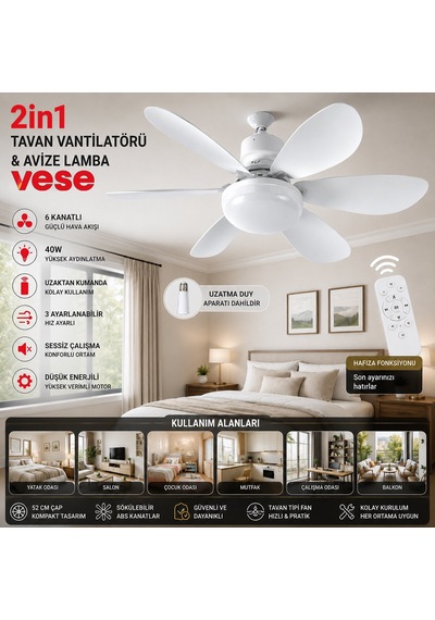 2in1 Tavan Vantilatör - Avize Lamba 40w Kumandalı 6knat Vnt-005 5492