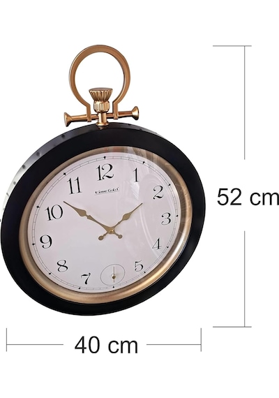 Tr Büyük 52 Cm Altın Renk Çemberli Siyah Kasa Köstekli Kurma Efektli Camlı Duvar Saati 40 Cm Genişlik Sessiz Kaya Genel