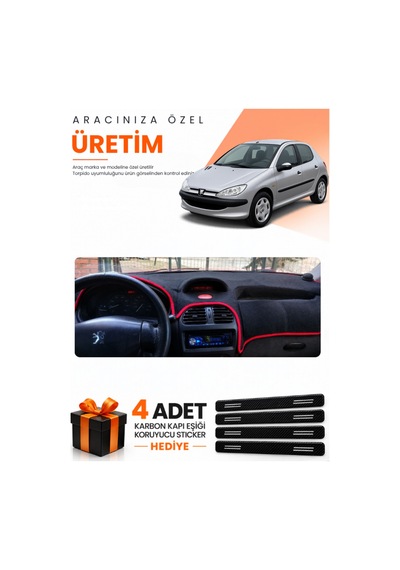 Peugeot 206 Büyük Ekranlı 1998-2009 Uyumlu Torpido Koruma Örtüsü Oto Kılıfı - Siyah Kırmızı