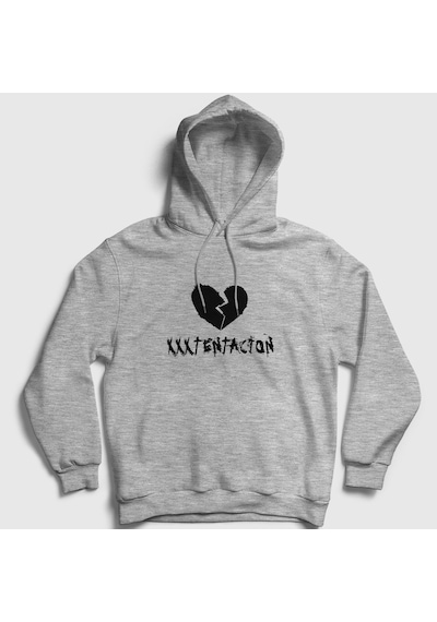 Presmono Unisex Broken Heart Xxxtentacion Kapüşonlu Sweatshirt Gri Melanj