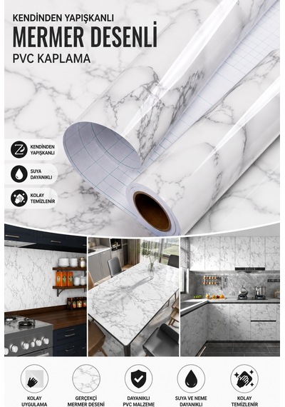 Deconitte Kendinden Yapışkanlı Beyaz Mermer Desenli Pvc Kaplama Folyo Tezgah Masa Dolap 60x100cm