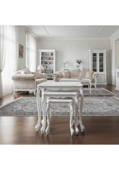 Majestic Fransız Still 3'lü Ahşap Zigon Sehpa Beyaz