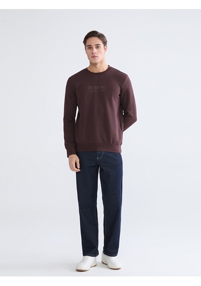 Lcwaıkıkı Classic Kahverengi Bisiklet Yaka Baskılı Erkek Kalın Sweatshirt