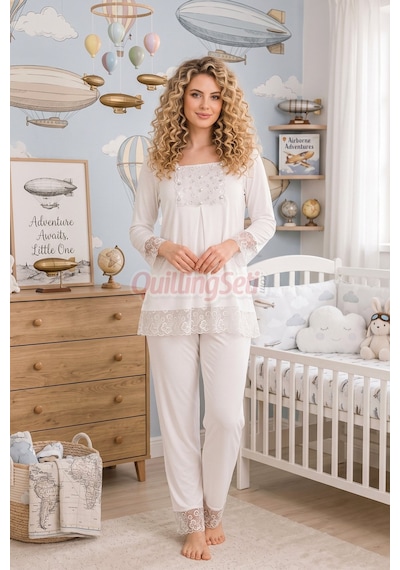 Lady Ekru Renkli, Dantel Detaylı, 33203 Uzun Kol, 2 Parça Lohusa Hamile Pijama Takımı