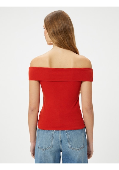 Koton Madonna Yaka Tişört Açık Omuz Slim Fit Kırmızı 4sal30206ık Kırmızı